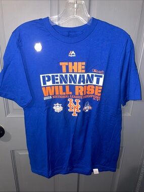 Majestic Royal Blue Mets Graphic Tee with Orange & White Lettering
